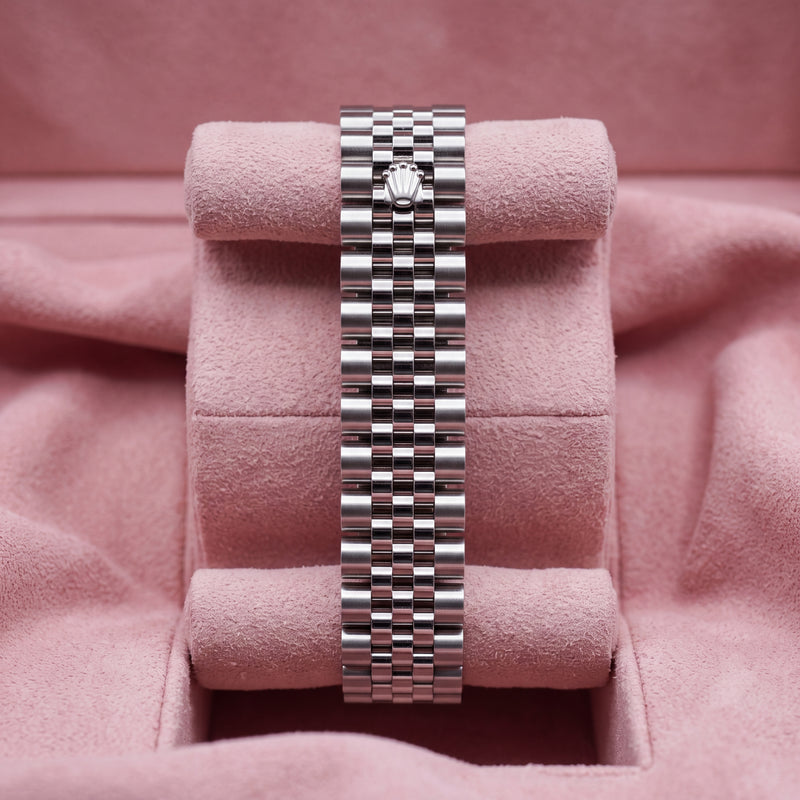 Jubilee bracelet with crown clasp on pink cushion; confirm image belongs to this watch