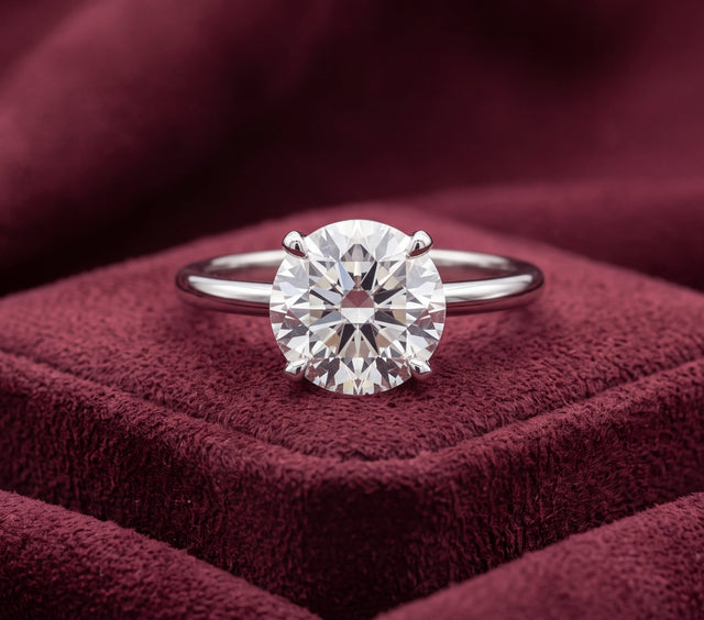 Platinum brilliant cut diamond solitaire engagement ring with four-claw setting, front view