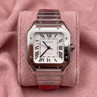 Cartier Santos de Cartier with white Roman numeral dial and steel bracelet, front view