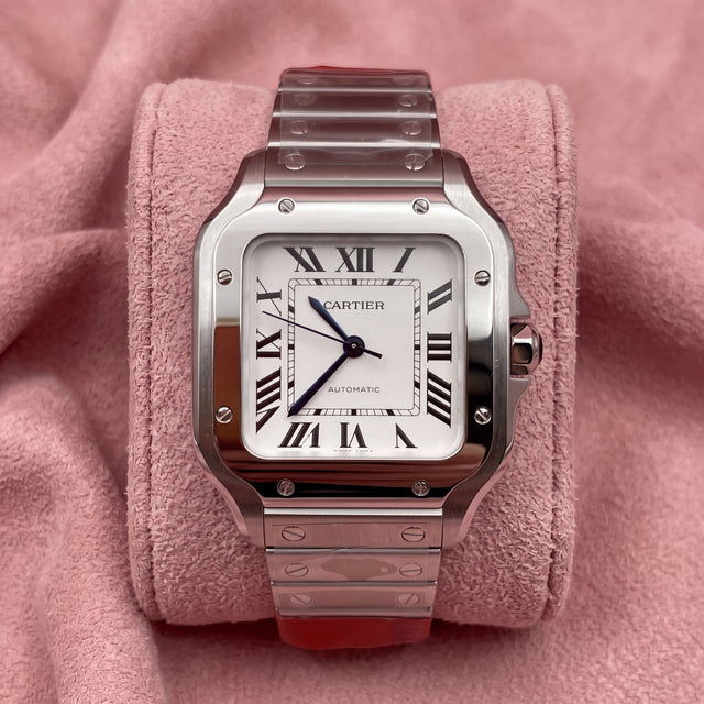 Cartier Santos de Cartier with white Roman numeral dial and steel bracelet, front view