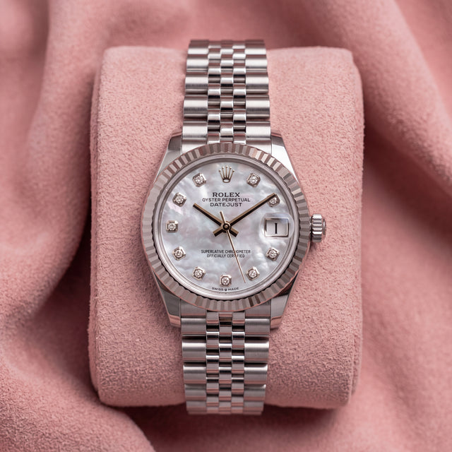 Rolex Datejust 31 278274 with mother-of-pearl dial, diamond hour markers, fluted bezel and steel Jubilee bracelet