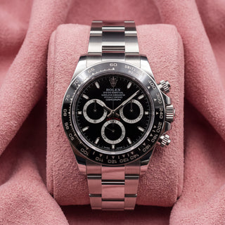 Rolex Daytona 126500LN with black dial, contrasting subdial rings, black tachymeter bezel and Oyster bracelet