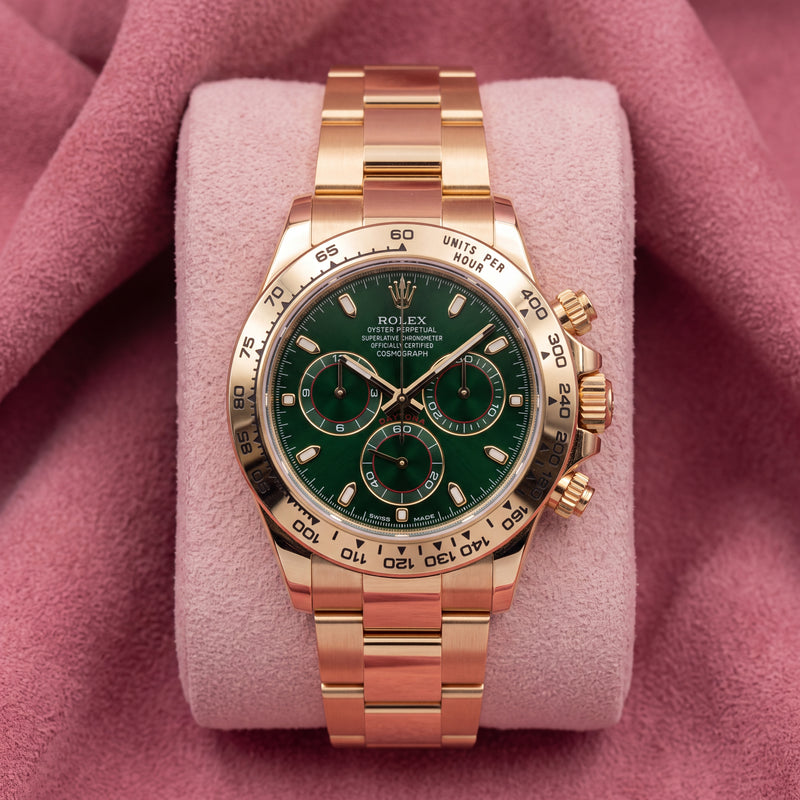 Rolex Daytona John Mayer 116508 with green dial, yellow gold tachymeter bezel and yellow gold Oyster bracelet