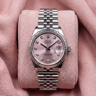 Rolex Datejust 31 278274 with pink diamond dot dial, white gold fluted bezel and stainless steel Jubilee bracelet