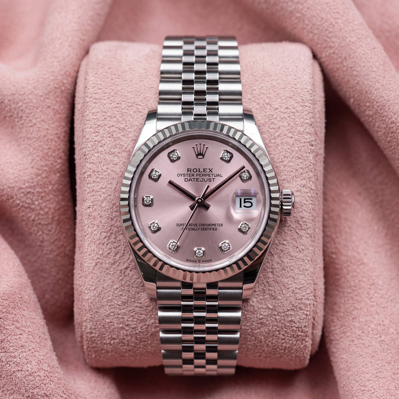 Rolex Datejust 31 278274 with pink diamond dot dial, white gold fluted bezel and stainless steel Jubilee bracelet