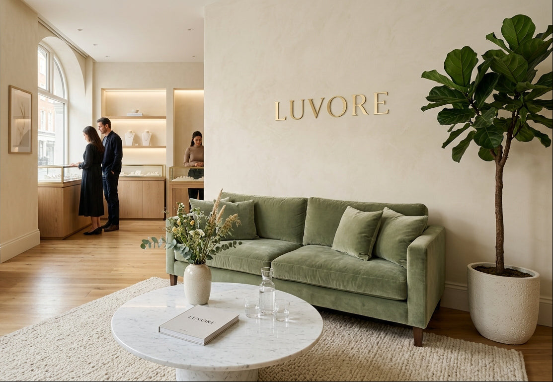 A modern interior showroom with a sage green velvet sofa in the foreground, a marble coffee table, and a large potted fiddle-leaf fig plant. In the background, a man and woman stand near display cases under arched windows, with the word 'LUVORE' mounted on the beige wall.