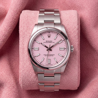 Rolex Oyster Perpetual 41 Candy Pink dial with Oyster bracelet on a pink cushion