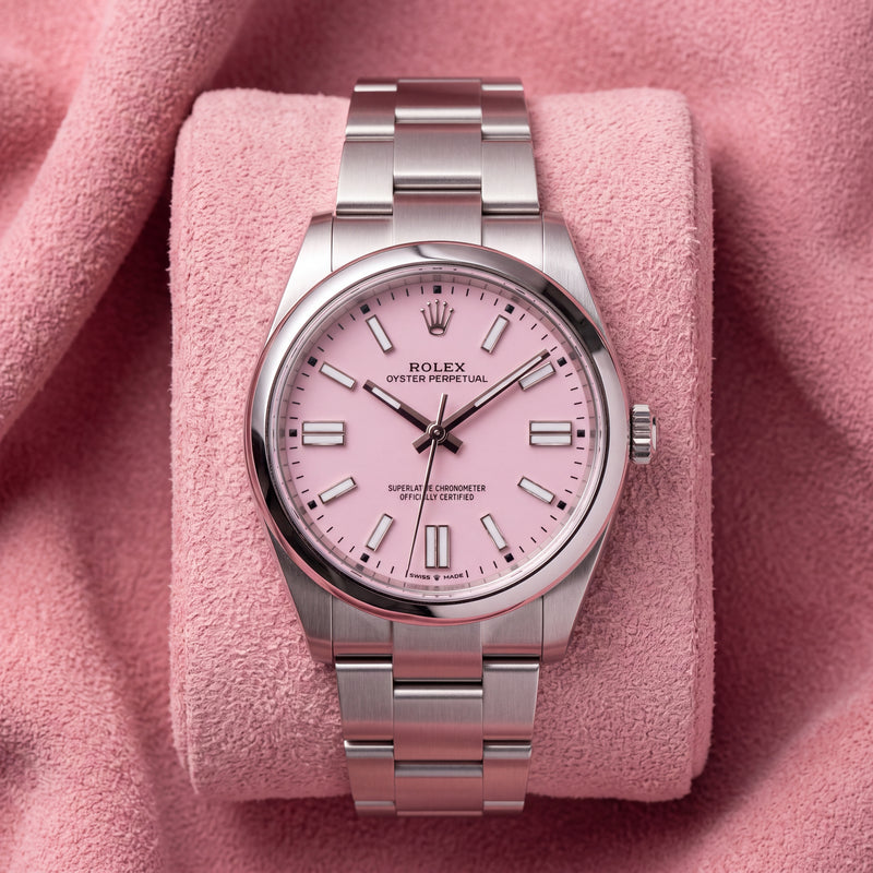 Rolex Oyster Perpetual 41 Candy Pink dial with Oyster bracelet on a pink cushion