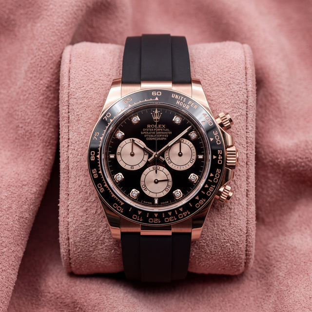 Rolex Cosmograph Daytona 126515LN with rose gold case, black diamond dial and black Oysterflex bracelet