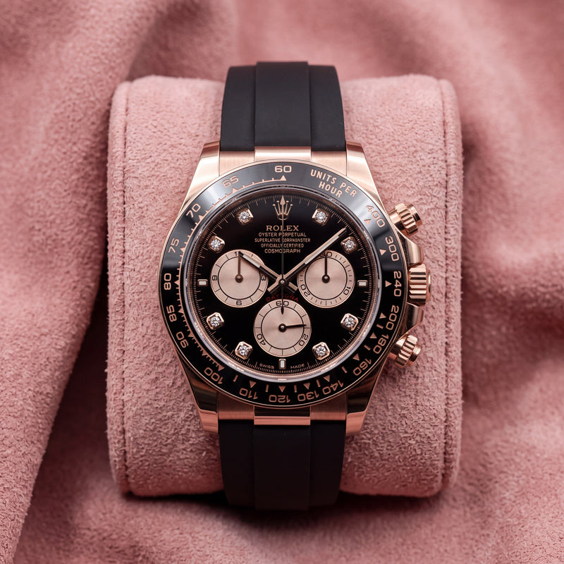 Rolex Cosmograph Daytona 126515LN with rose gold case, black diamond dial and black Oysterflex bracelet