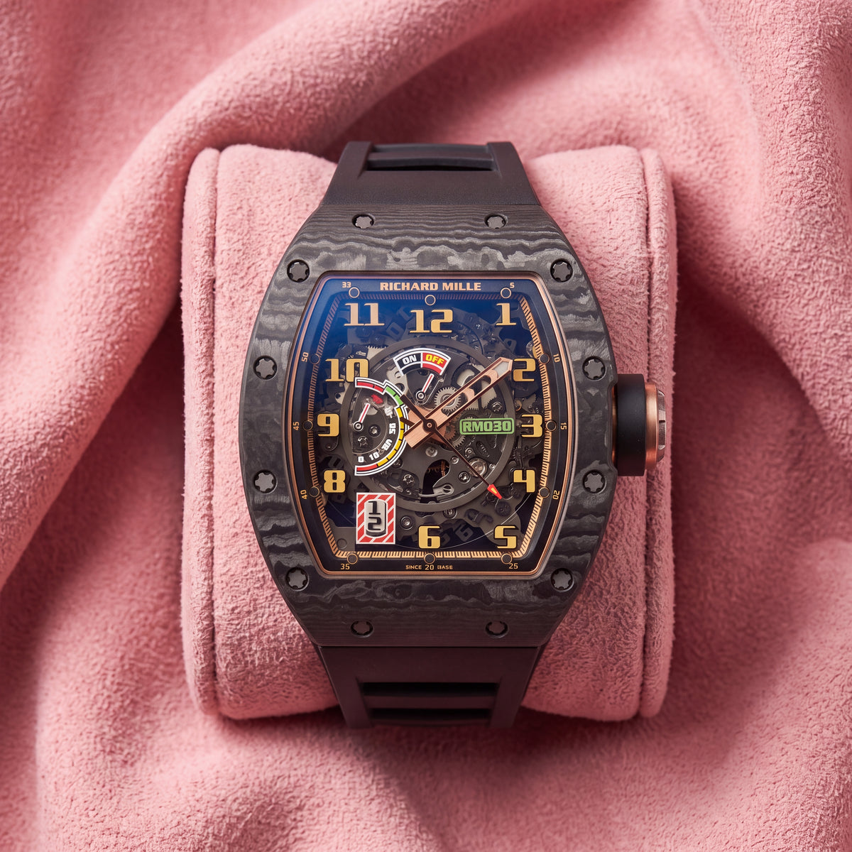Richard Mille RM030 Carbon Ultimate with skeletonised display and black strap, front view