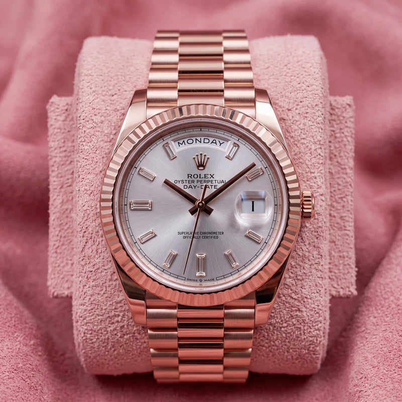Rolex Day-Date 40 228235 with Sundust baguette dial and rose gold fluted bezel