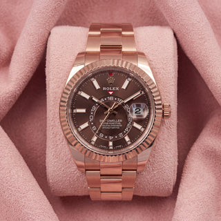 Rolex Sky-Dweller 326935 with chocolate dial, rose gold fluted bezel and rose gold Oyster bracelet