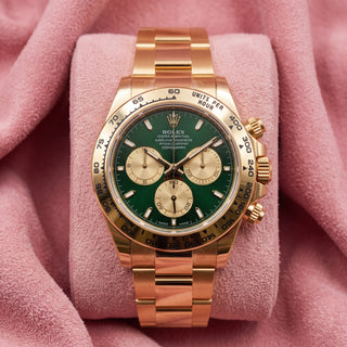 2025 Rolex Daytona 126508 in 18 ct yellow gold with green dial and gold tachymeter bezel